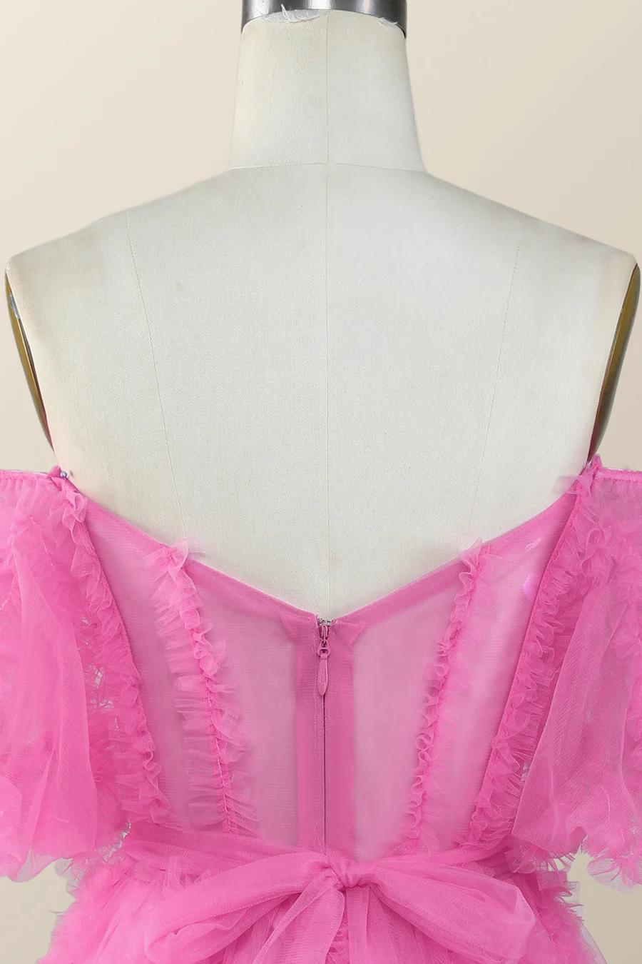 Schulterfreies, pinkes, kurzes A-Linien-Heimkehrkleid mit Rüschen Y2783