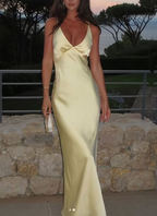 Vestido de noche largo de satén amarillo con escote en V sexy Y7882