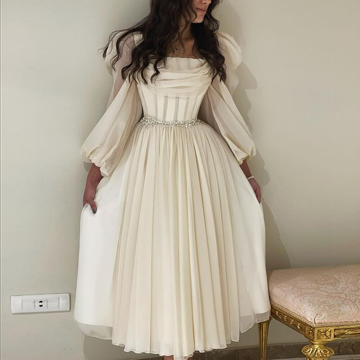 Vestido de noche árabe midi corto beige con cinturón, manga larga, largo hasta la rodilla, para mujer, vestido formal de boda Y4847