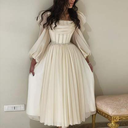 Vestido de noche árabe midi corto beige con cinturón, manga larga, largo hasta la rodilla, para mujer, vestido formal de boda Y4847