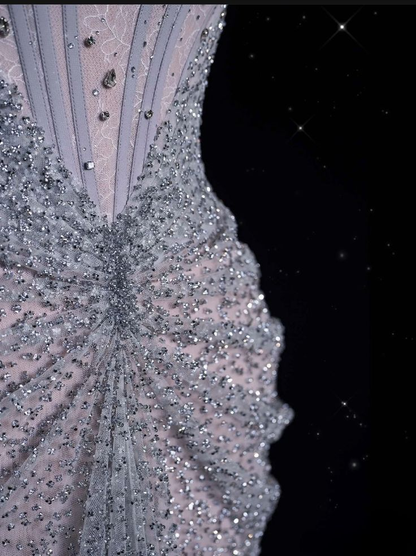 Glitzerndes lila Tüll-Meerjungfrau-Abendkleid mit Perlen, schulterfrei, langes Ballkleid Y8054