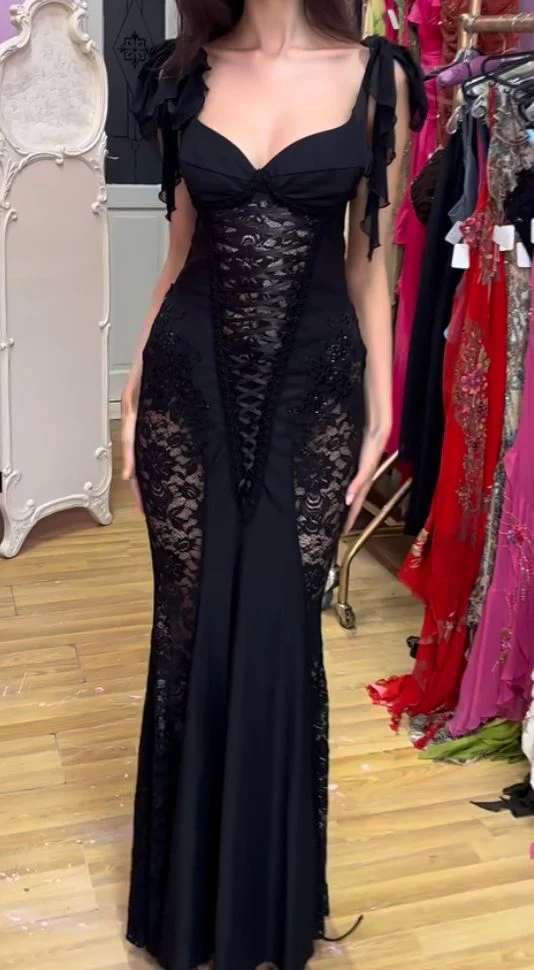 Vestido de noche largo de sirena con encaje negro sexy Y7821
