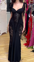 Vestido de noche largo de sirena con encaje negro sexy Y7821