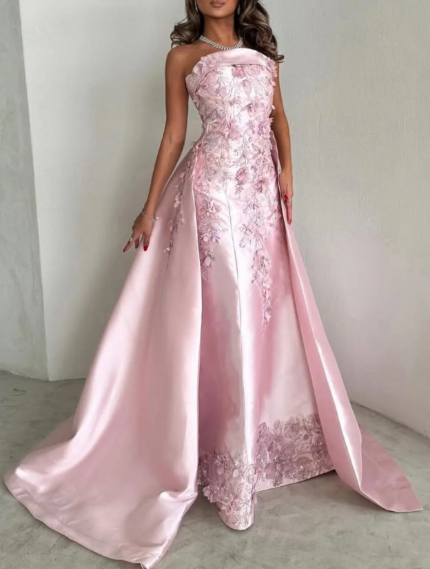 Wunderschönes rosa trägerloses Abendkleid mit Satin-Applikationen, formelles Ballkleid Y8427