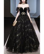 Vestido de noche negro con hombros descubiertos y lentejuelas de tul brillante Y8034