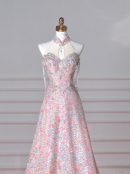 Hermoso vestido de fiesta de noche con lentejuelas rosas y cuentas, corte en A, Y8637
