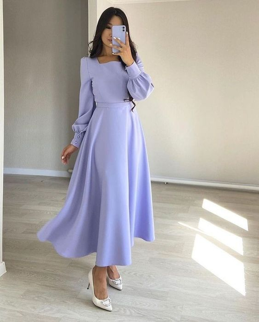 Vestido de noche sencillo de satén elástico, corte A, para mujer, manga larga, cuello cuadrado, largo hasta los tobillos, vestido formal Y4856