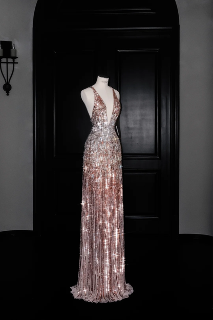 Vestido de noche largo de lujo con escote en V profundo y lentejuelas, sin espalda, vestido formal de fiesta Y8683
