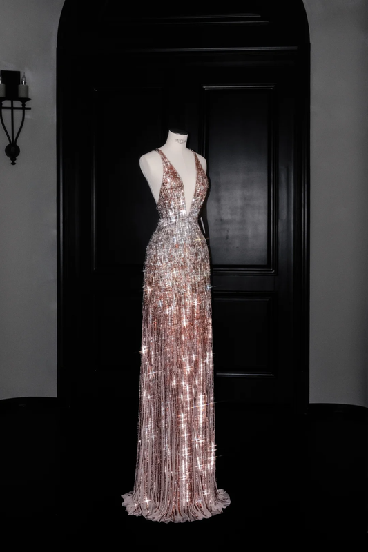 Vestido de noche largo de lujo con escote en V profundo y lentejuelas, sin espalda, vestido formal de fiesta Y8683