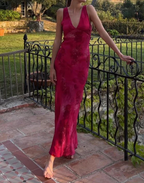 Elegante vestido de noche con escote en V profundo y estampado floral, vestido de fiesta Y4548