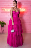 Vestido de noche de tul multicapa fucsia brillante, corte A, para fiesta de invierno Y4729
