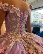 Vestido de princesa con apliques de lavanda, hombros descubiertos, brillante, elegante, de tul, con flores 3D, para fiesta de quince años, Y285