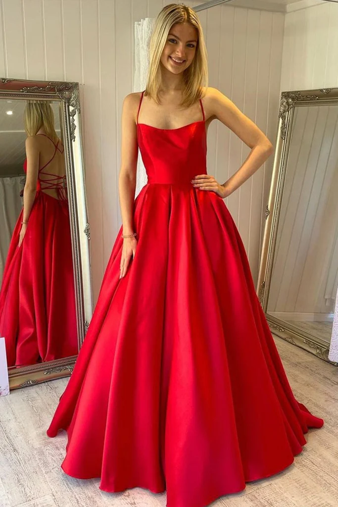 Schlichtes rückenfreies rotes Satin-Langballkleid, rückenfreies rotes Formkleid, rotes Abendkleid Y219