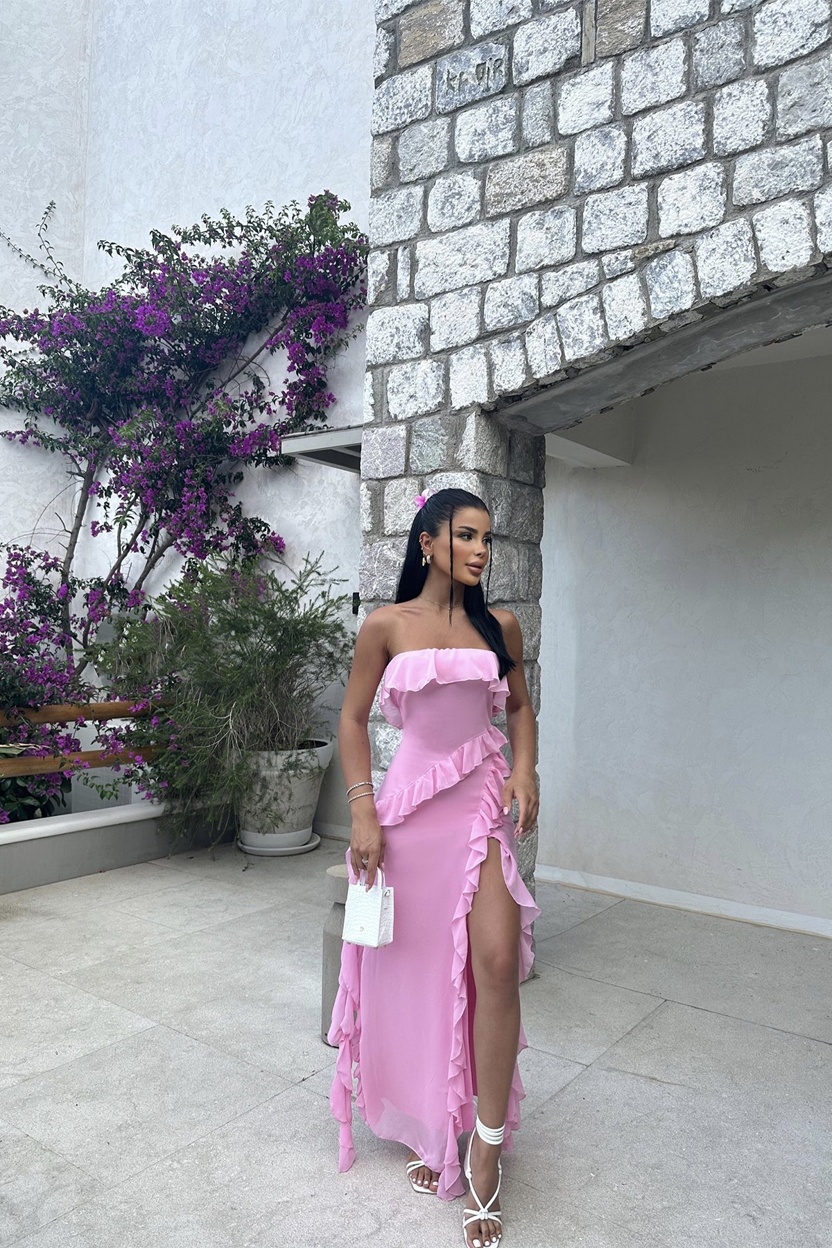 Vestido de noche largo rosa con abertura y volantes, sin tirantes, para cumpleaños y graduación, Y8203