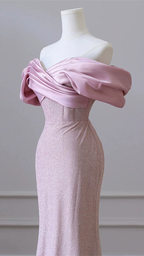 Flesh Pink Sequin Evening Gown Elegant Women's Off Shoulder Party Prom Evening Dress Y6963