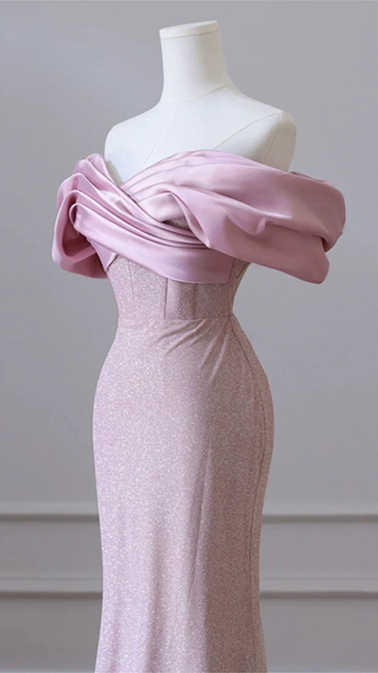 Fleischrosa Pailletten Abendkleid Elegantes Damen Schulterfrei Party Prom Abendkleid Y6963