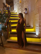 Sexy Halter Backless Brown A Line Slit Prom Dress Deep V Evening Dress Y8481