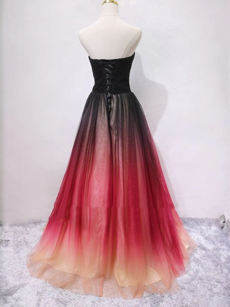 Trägerloses A-Linien-Abendkleid mit V-Ausschnitt und offenem Rücken in Ombre-Optik, langes formelles Abschluss-Abendkleid in Ombre-Optik, Y1826