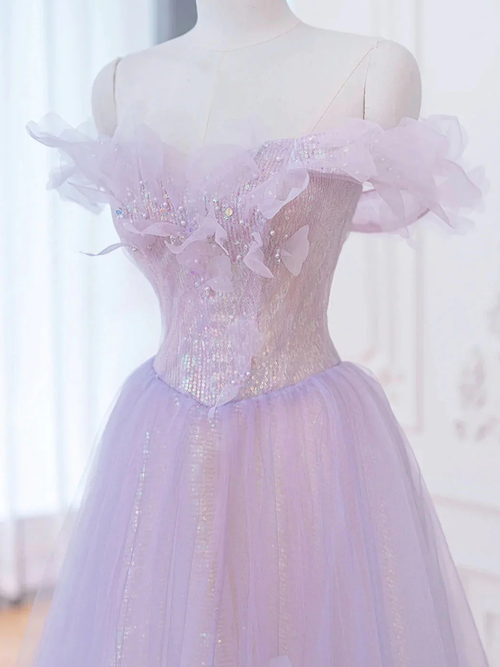 Vestido de fiesta largo morado con hombros descubiertos y corte en A, vestidos de noche formales morados Y1783