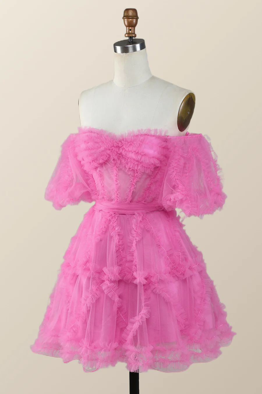 Schulterfreies, pinkes, kurzes A-Linien-Heimkehrkleid mit Rüschen Y2783