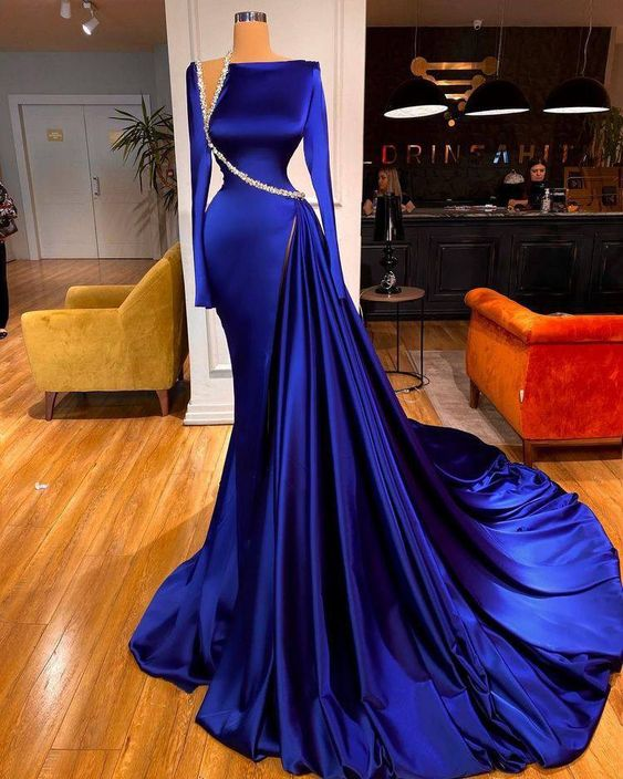 Elegante bescheidene Abendkleider Langarm Royalblau Perlen Luxus elegante formale Partykleider Y40