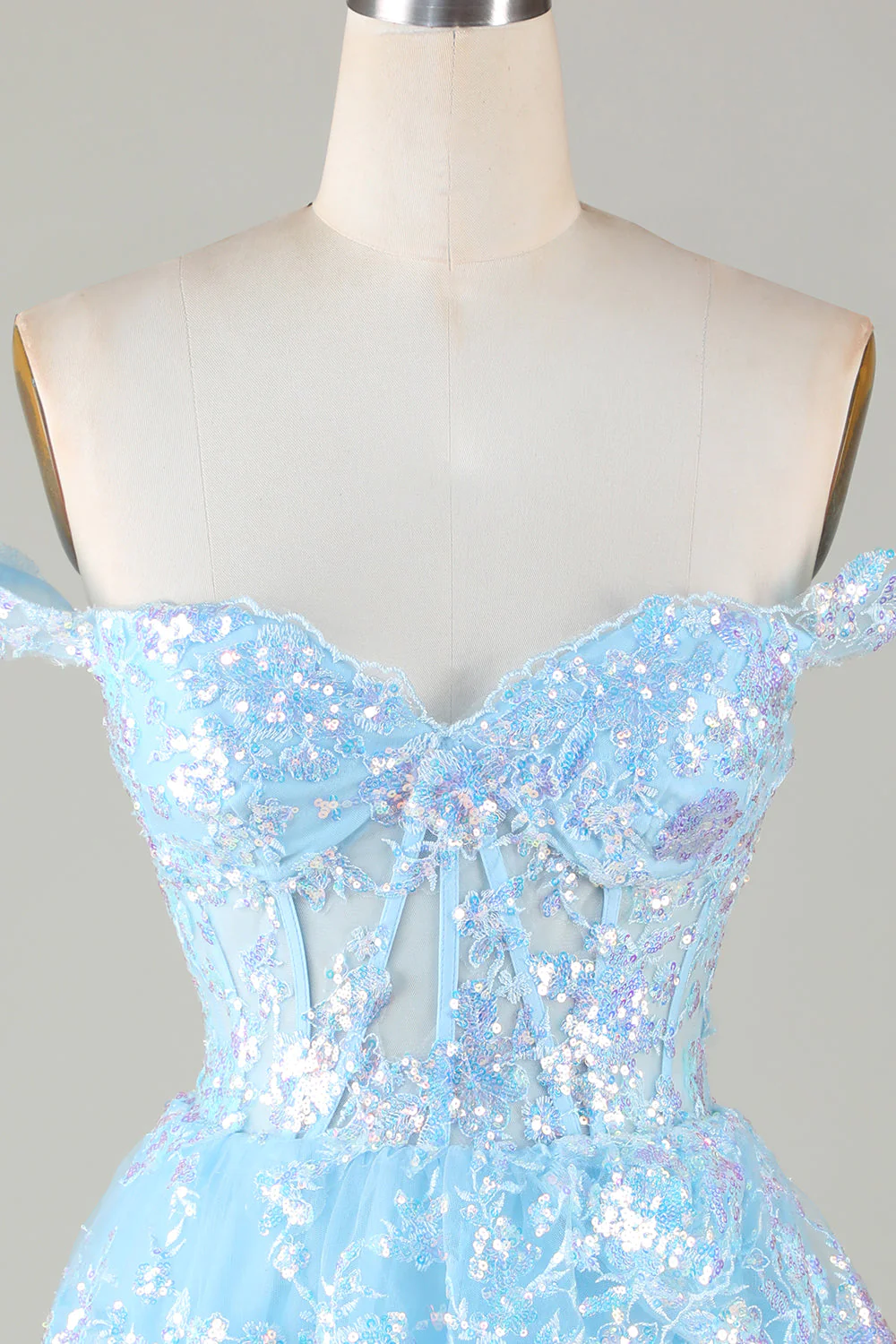 Funkelndes blaues A-Linien-Korsett-Kurzes Homecoming-Kleid aus gestufter Spitze Y4083