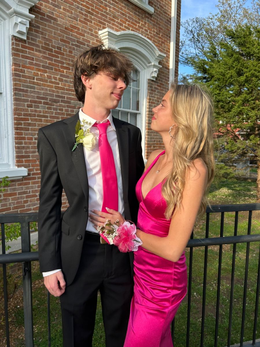 Schlichtes langes Abendkleid aus Satin in Fuchsia mit V-Ausschnitt, formelles Kleid Y3096