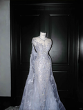 Vestido de fiesta elegante de sirena con cuentas de tul azul, vestido de noche formal, vestido de novia Y8655