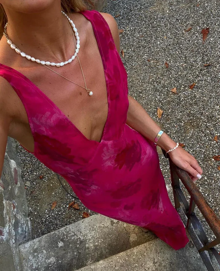 Elegante vestido de noche con escote en V profundo y estampado floral, vestido de fiesta Y4548