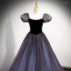 Lila Tüll Kurzarm Abendkleid Süßes A-Linie Abendkleid Y4291