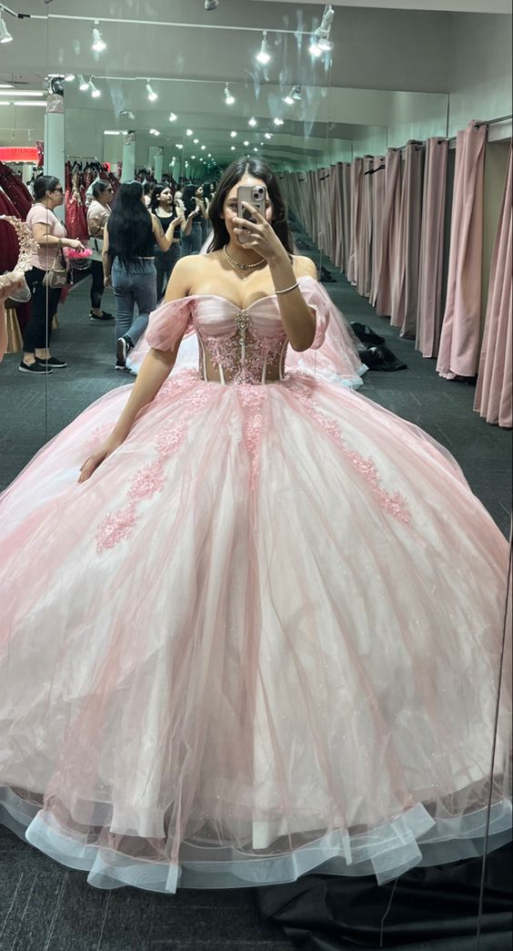 Rosa Off The Shoulder Tüll Ballkleid, Rosa Sweet 16 Kleid Y5468
