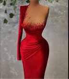 Moderne Samt Eine Schulter Perlen Roten Teppich Kleider Abendkleider Frauen Meerjungfrau Prom Kleid Y1907