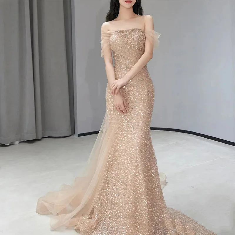 Exquisite Champagne Mermaid Women Evening Dresses Sequins Beading Prom Party Gowns Formal Occasion Vestido De Noche-payinti
