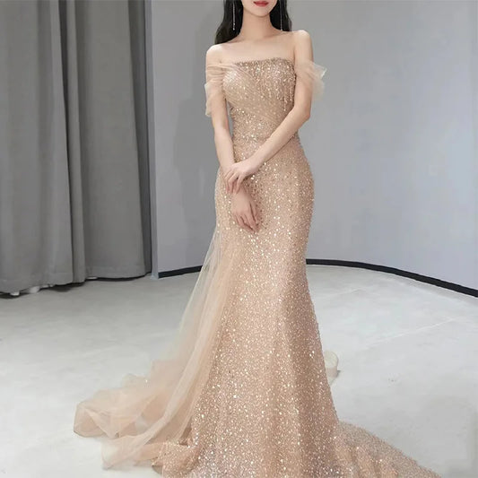 Exquisite Champagne Mermaid Women Evening Dresses Sequins Beading Prom Party Gowns Formal Occasion Vestido De Noche-payinti