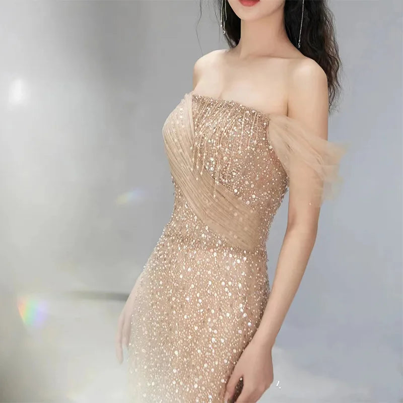 Exquisite Champagne Mermaid Women Evening Dresses Sequins Beading Prom Party Gowns Formal Occasion Vestido De Noche-payinti