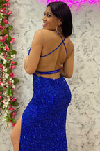 Sexy Royal Blue Pailletten Meerjungfrau Lange Abendkleid, rückenfreies Abendkleid Y1695