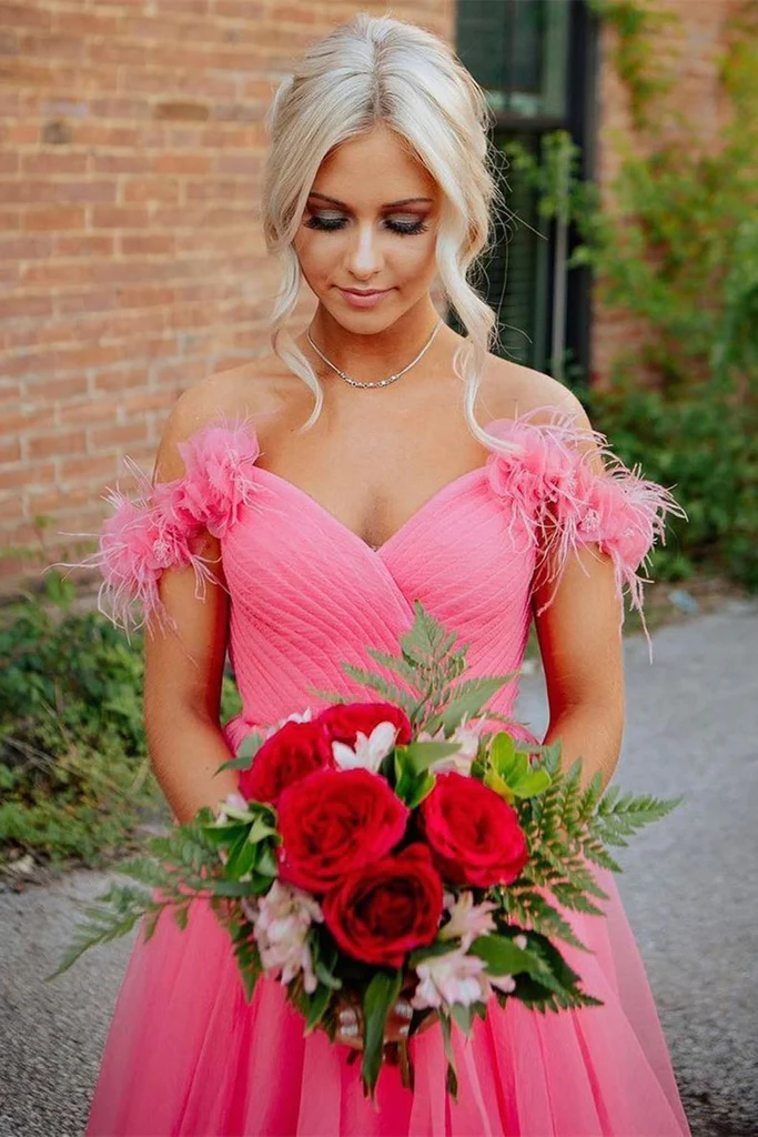 Vestido de fiesta largo de tul rosa intenso con hombros descubiertos, vestido de noche formal de tul rosa intenso Y1493