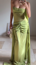 Einzigartiges grünes trägerloses, gerüschtes langes Ballkleid, formelles Abendkleid Y8505