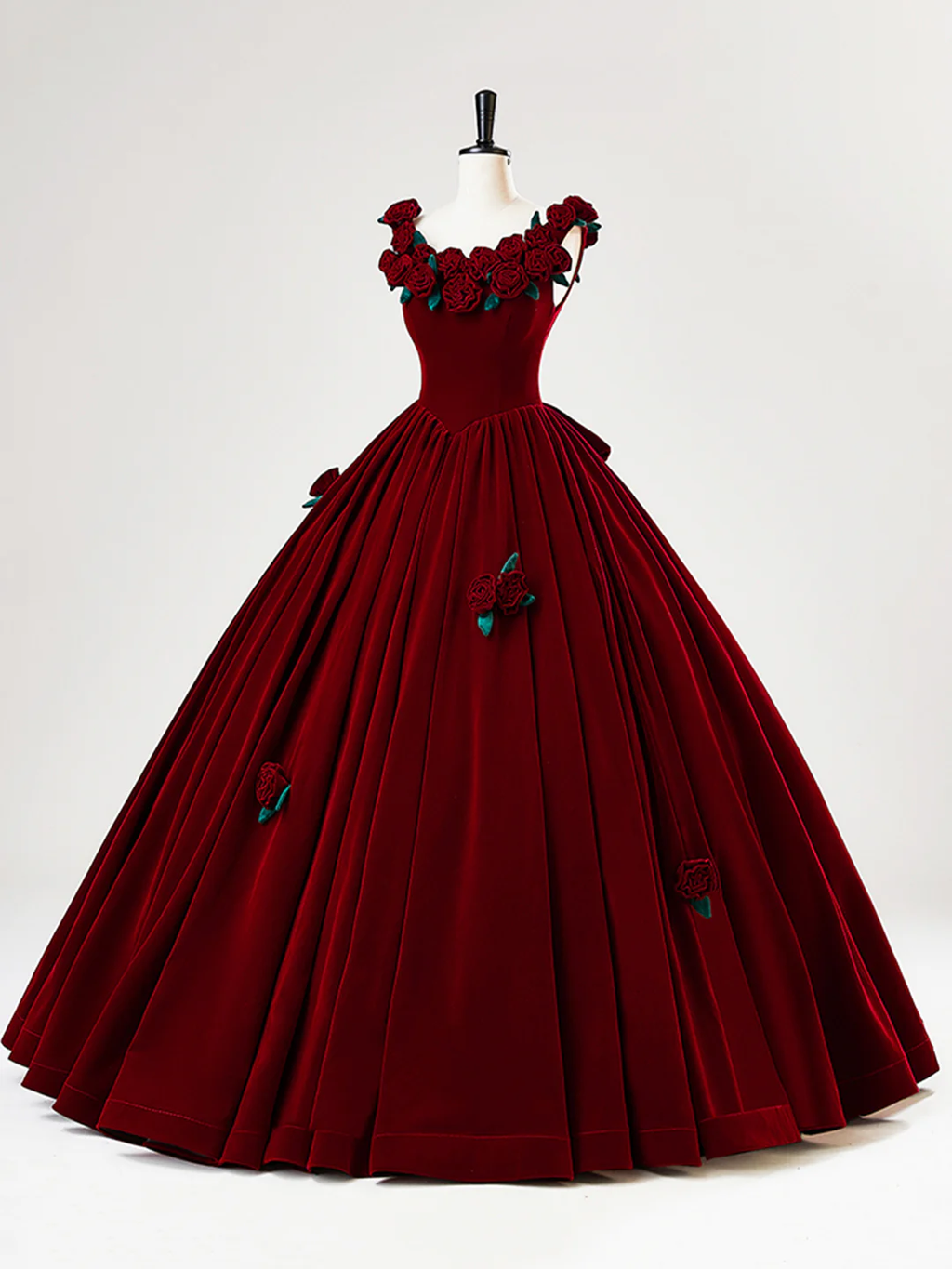 Wunderschönes burgunderrotes Quinceanera-Kleid aus Samt mit Rosenblüten Y7750