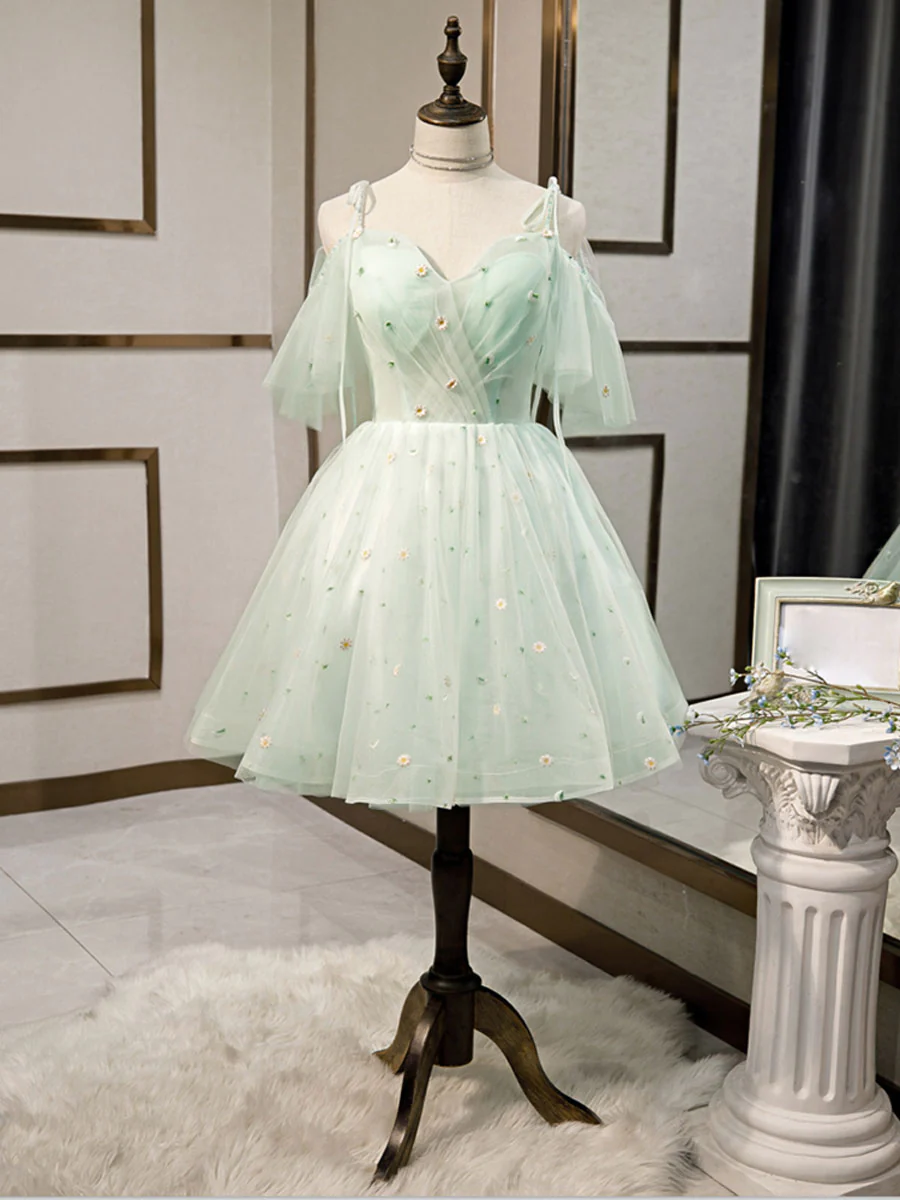 Vestidos cortos de tul con escote corazón, sencillos y abullonados, color verde, para el regreso a casa Y2409