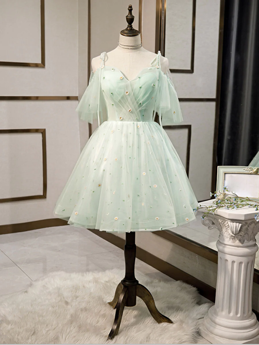 Vestidos cortos de tul con escote corazón, sencillos y abullonados, color verde, para el regreso a casa Y2409
