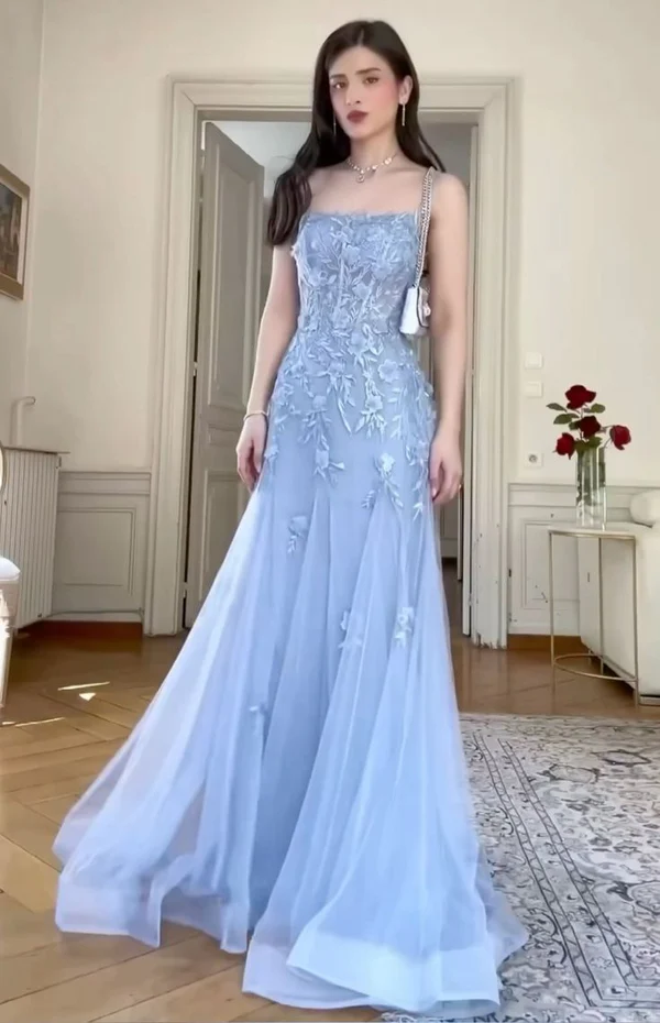 Vestido de noche largo estilo sirena con apliques de tul azul elegante Y8156