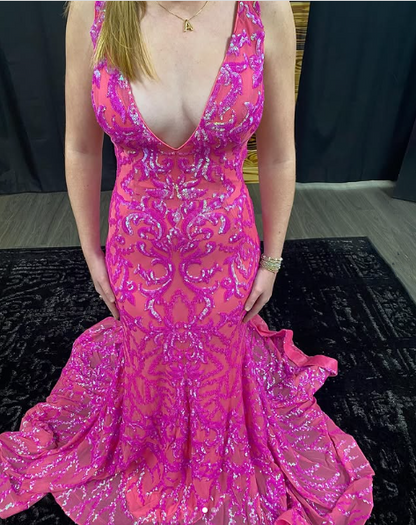 Luxuriöses Abendkleid im Meerjungfrau-Stil mit tiefem V-Ausschnitt, Rosa, formelles Ballkleid Y7819