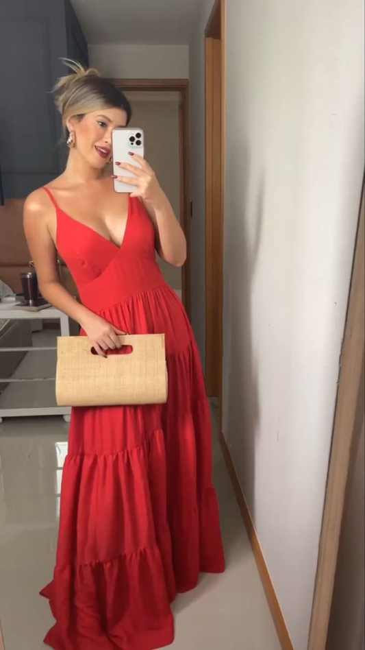 Vestido de noche largo rojo con escote en V y corte A Y5925