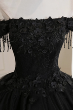 Schwarzes schulterfreies Tüll-Ballkleid mit Spitze Sweet 16 Kleid, schwarzes langes Abendkleid Y1143