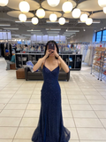 Glitzerndes, marineblaues, langes Meerjungfrauen-Ballkleid, marineblaues Abendkleid Y2917