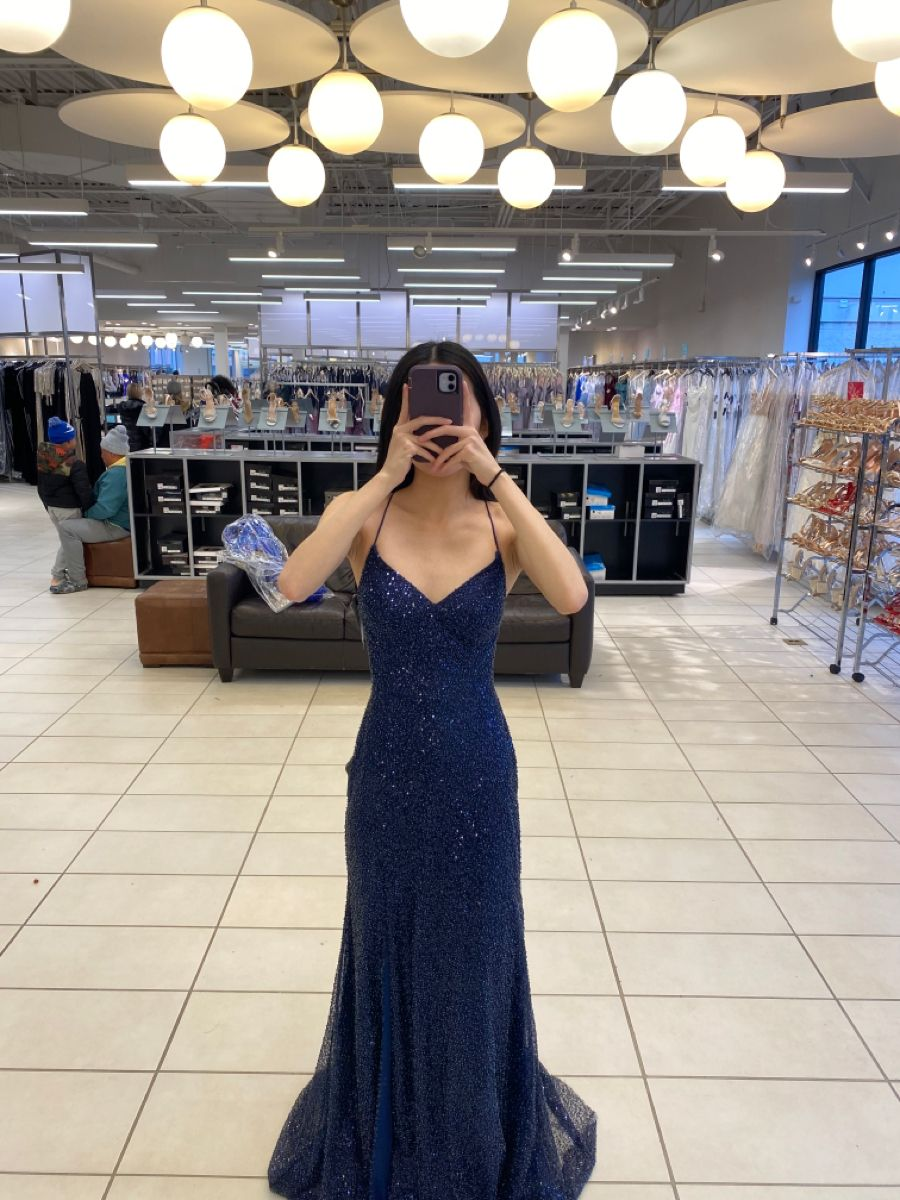 Glitzerndes, marineblaues, langes Meerjungfrauen-Ballkleid, marineblaues Abendkleid Y2917