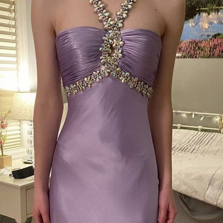 Glamouröses lila Satin langes Abendkleid mit Perlen Y5084