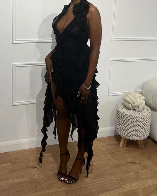 Elegante vestido de noche negro para chicas negras. Vestido de fiesta negro Y4523.