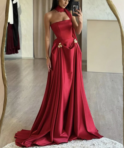 Vestido de fiesta largo de satén burdeos con corte en A, sin tirantes, Y8046